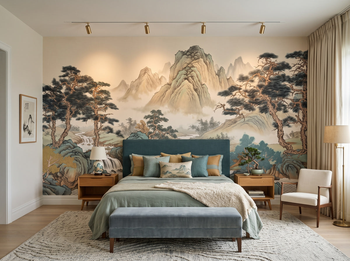 East Asian Mountains & Pine Trees wallpaper in a styled room, view 2