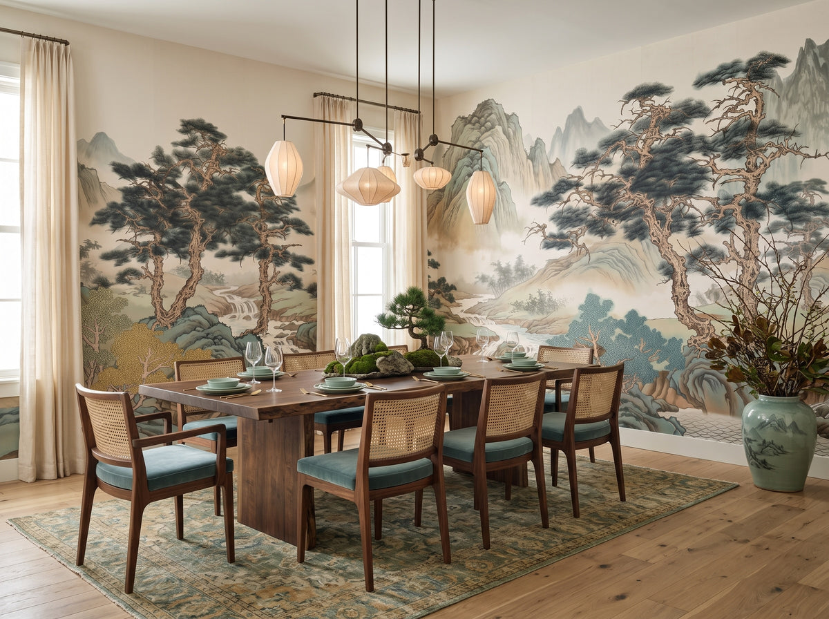 East Asian Mountains & Pine Trees wallpaper in a styled room, view 3