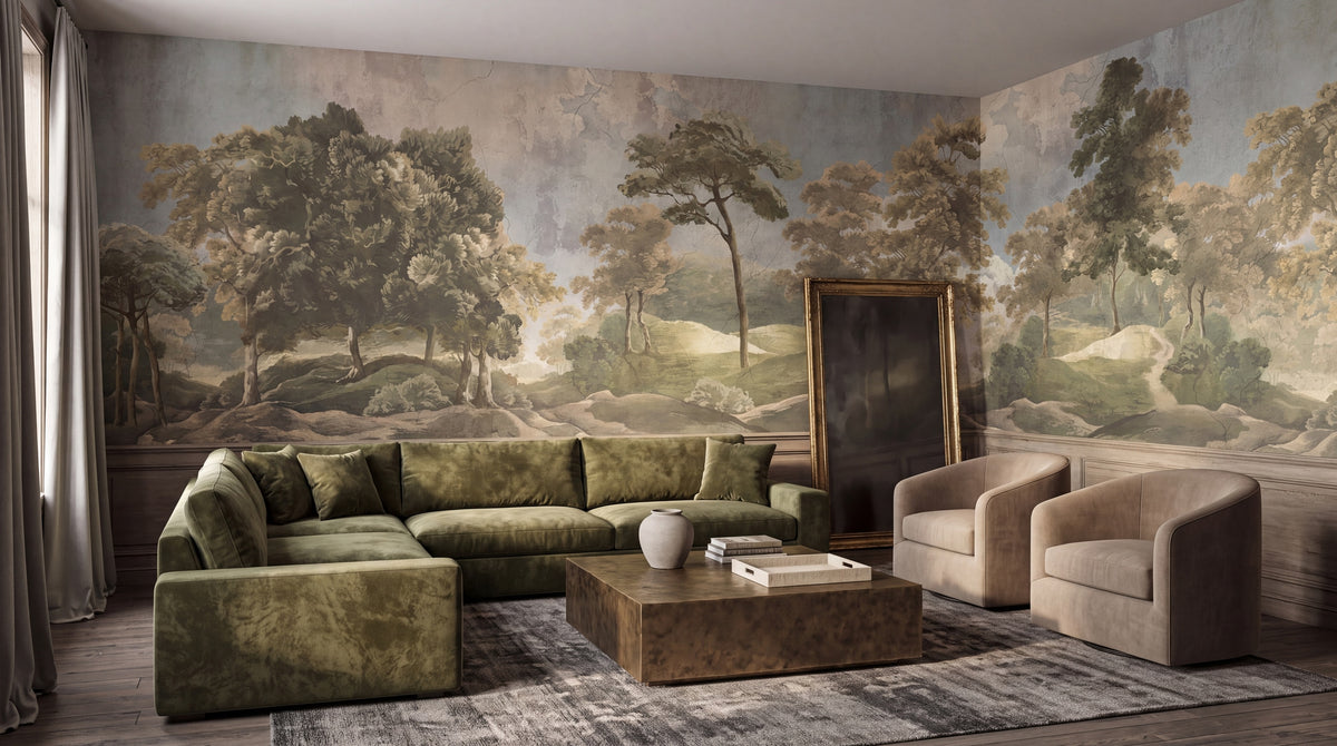 Classical Green Woodland Panorama wallpaper in a styled room, view 1