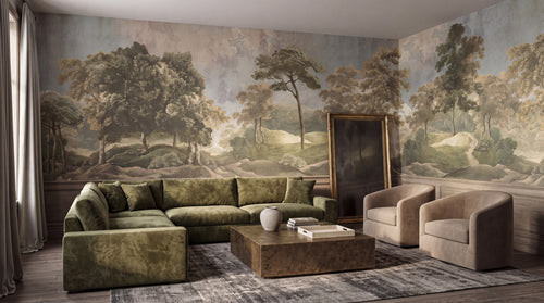 Classical Green Woodland Panorama wallpaper in a styled room, view 1