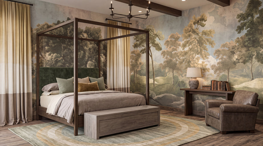 Classical Green Woodland Panorama wallpaper in a styled room, view 2