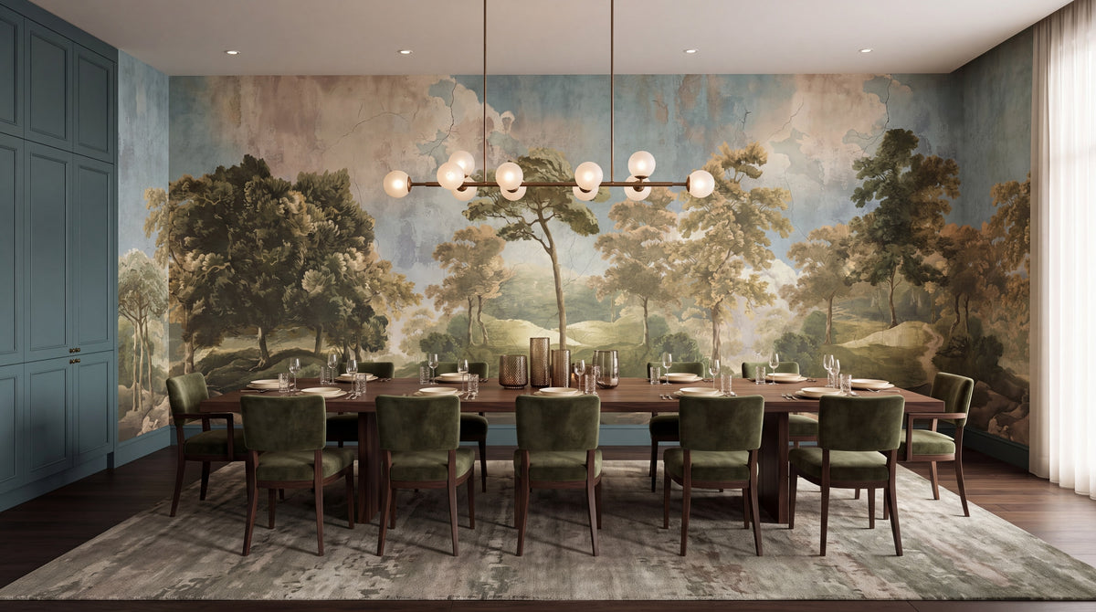 Classical Green Woodland Panorama wallpaper in a styled room, view 3