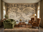 Vintage Antique World Map wallpaper in a styled room, view 1