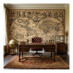 Vintage Antique World Map wallpaper in a styled room, view 2