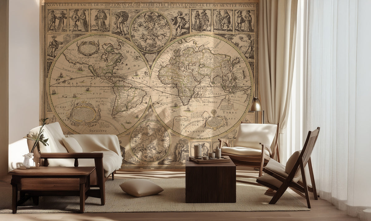 Vintage Antique World Map wallpaper in a styled room, view 3