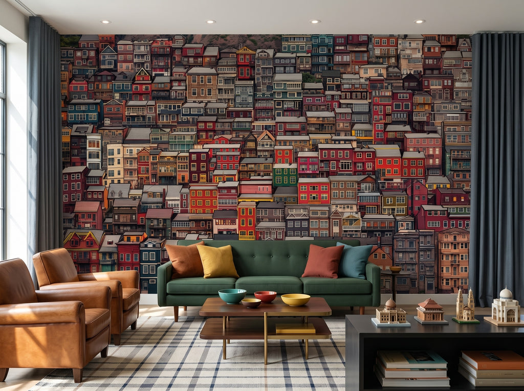 Colorful City Houses & Facades wallpaper in a styled room, view 1