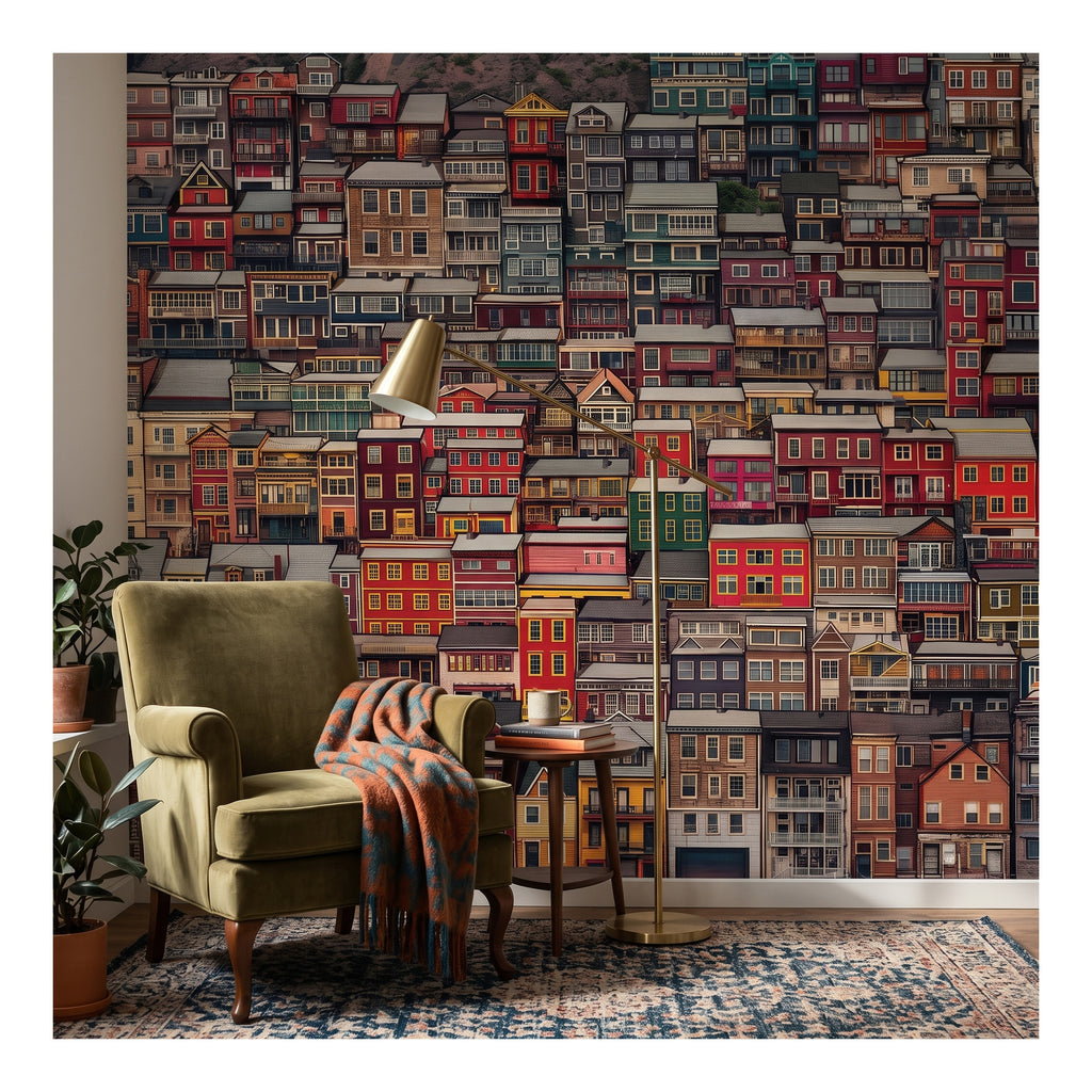 Colorful City Houses & Facades wallpaper in a styled room, view 2