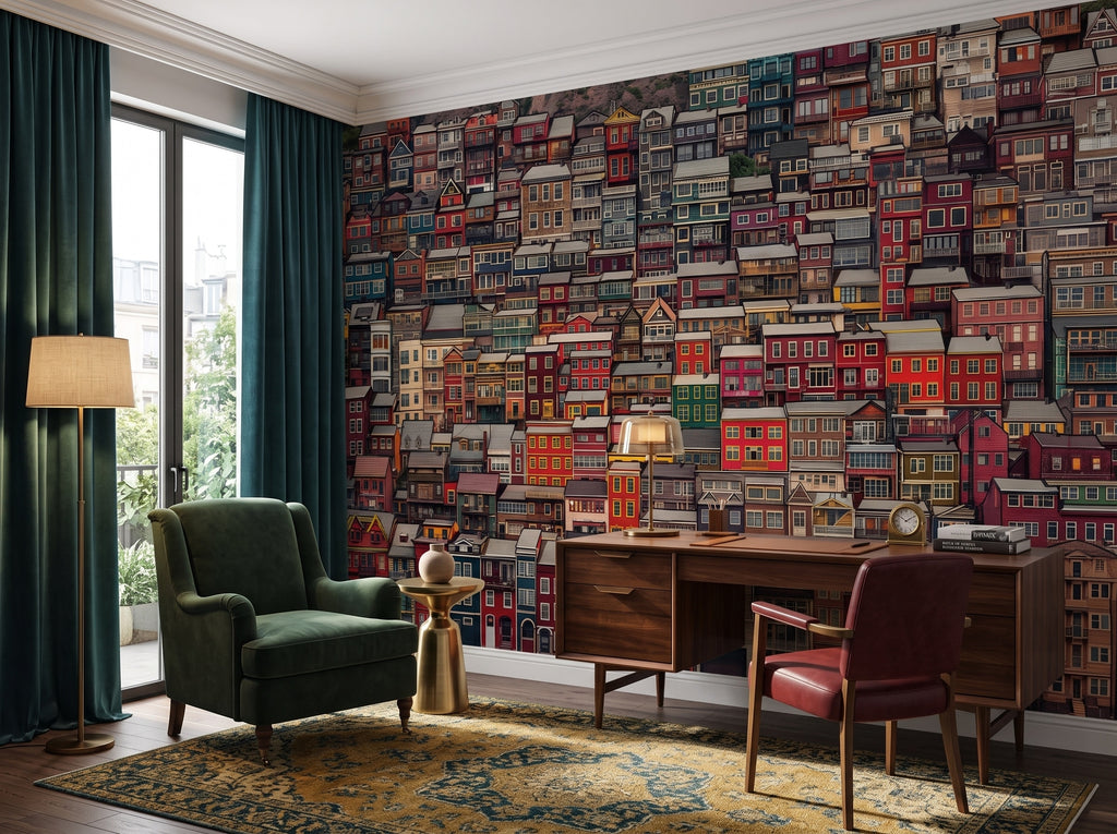 Colorful City Houses & Facades wallpaper in a styled room, view 3
