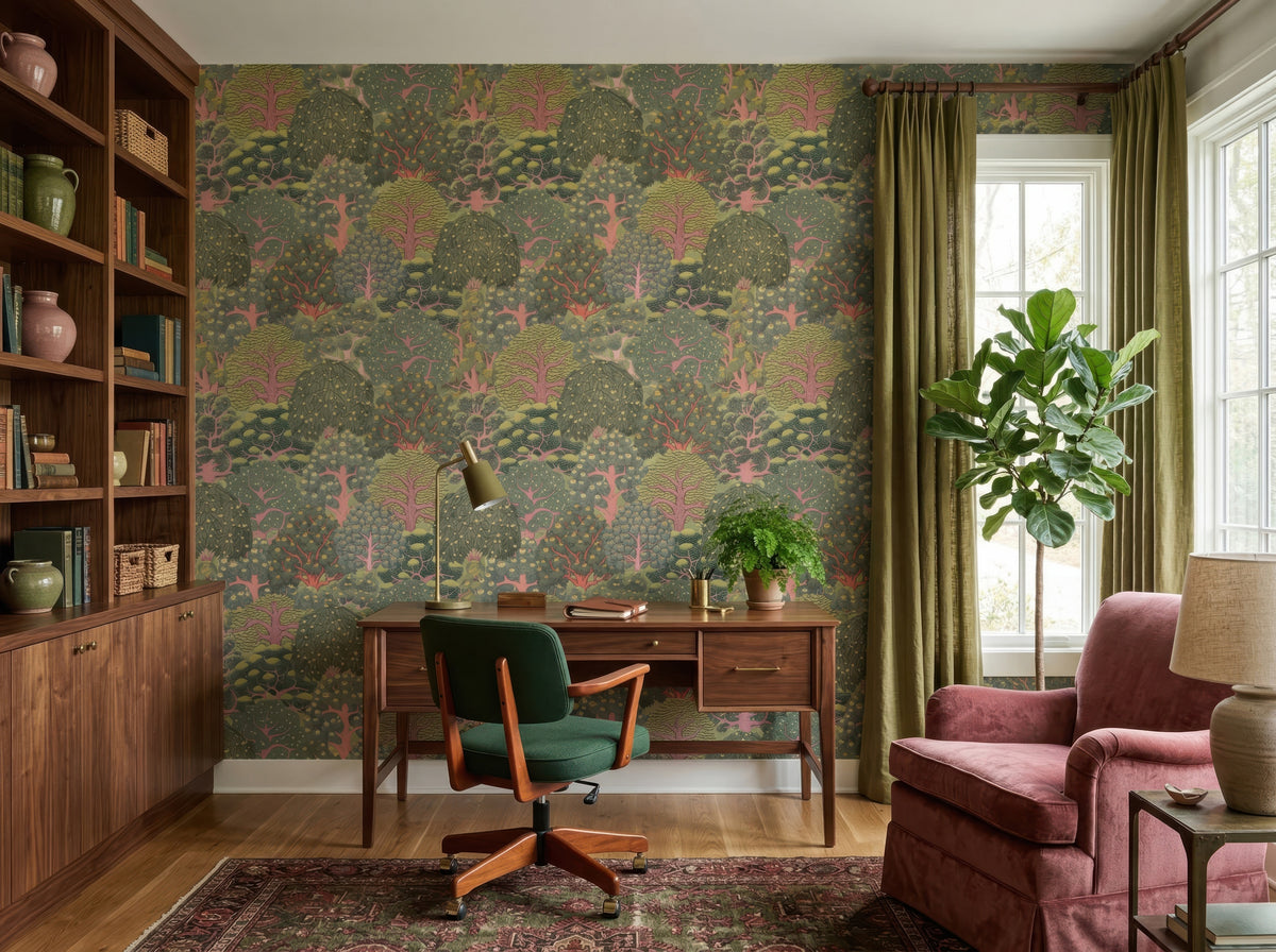 Green & Pink Decorative Tree Garden wallpaper in a styled room, view 1
