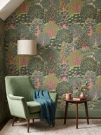 Green & Pink Decorative Tree Garden wallpaper in a styled room, view 2