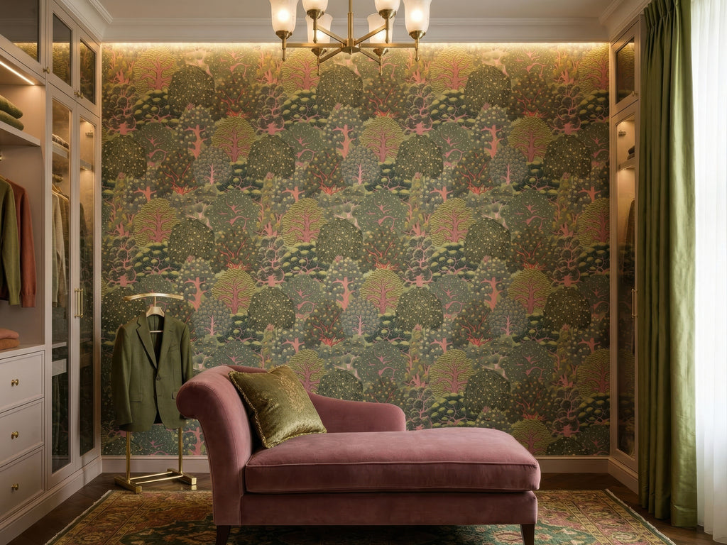 Green & Pink Decorative Tree Garden wallpaper in a styled room, view 3