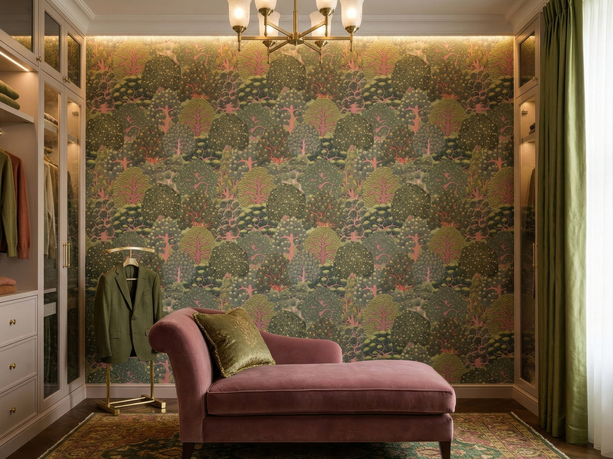 Green & Pink Decorative Tree Garden wallpaper in a styled room, view 3