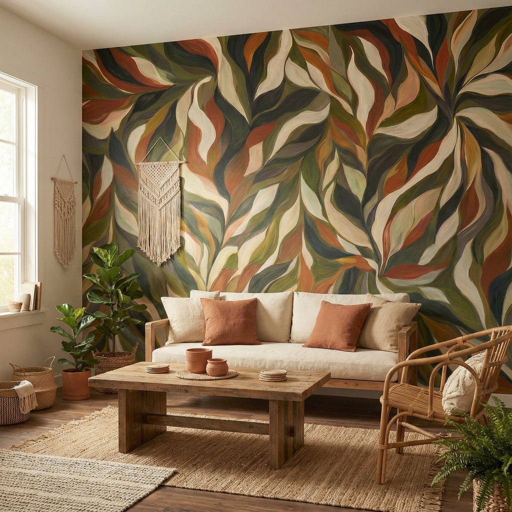 Green & Terracotta Botanical Leaves wallpaper in a styled room, view 1