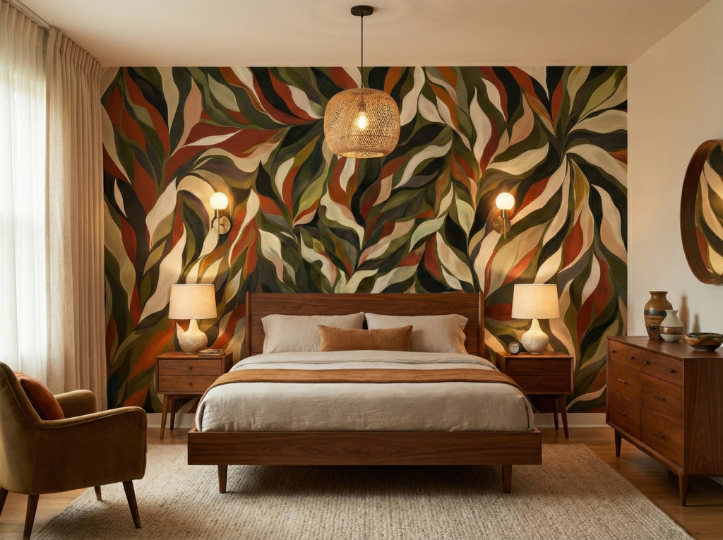 Green & Terracotta Botanical Leaves wallpaper in a styled room, view 3