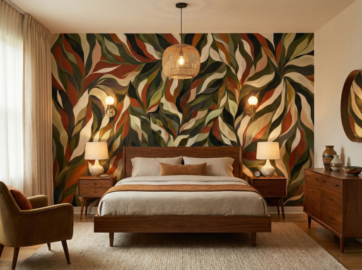 Green & Terracotta Botanical Leaves wallpaper in a styled room, view 3