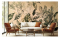 Green Watercolor Leaves on Beige wallpaper in a styled room, view 1
