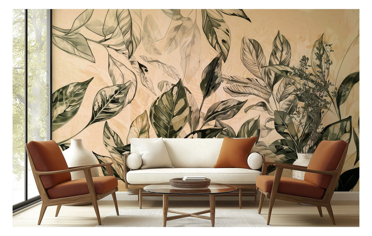 Green Watercolor Leaves on Beige wallpaper in a styled room, view 1