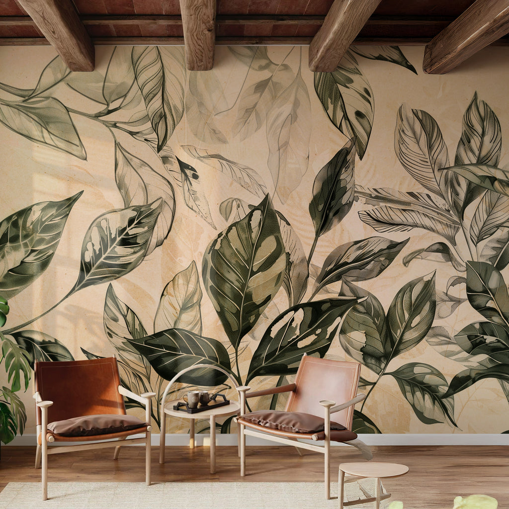 Green Watercolor Leaves on Beige wallpaper in a styled room, view 2