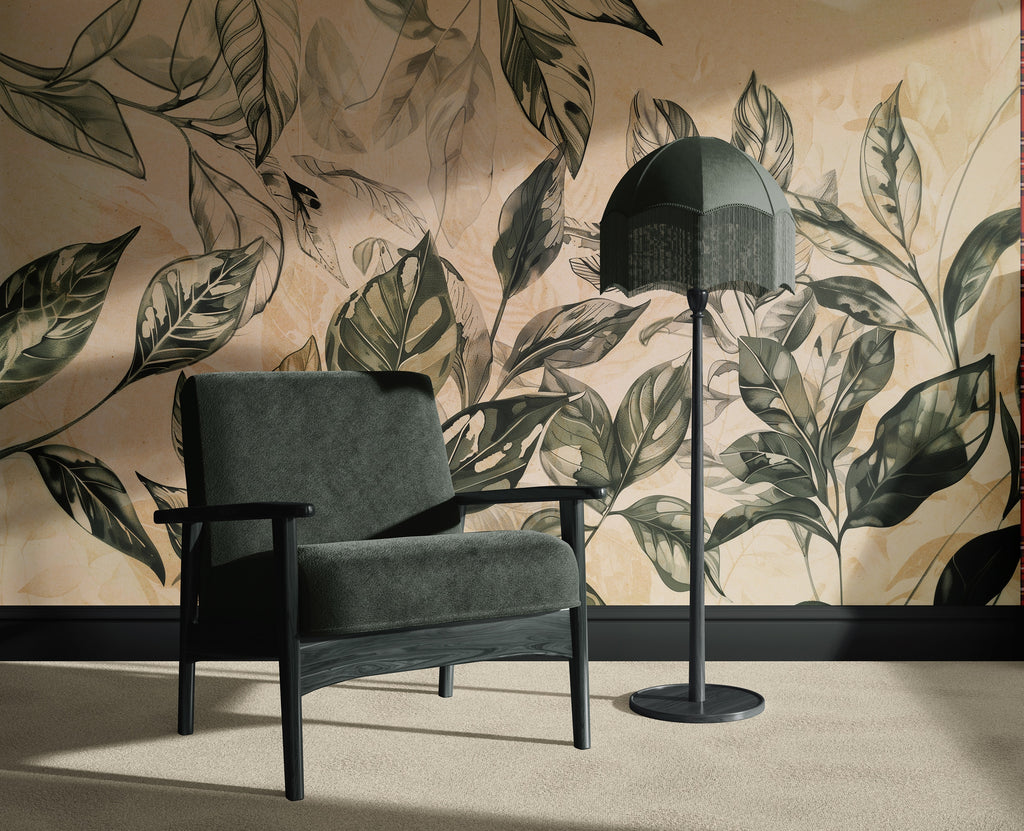 Green Watercolor Leaves on Beige wallpaper in a styled room, view 3