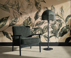 Green Watercolor Leaves on Beige wallpaper in a styled room, view 3