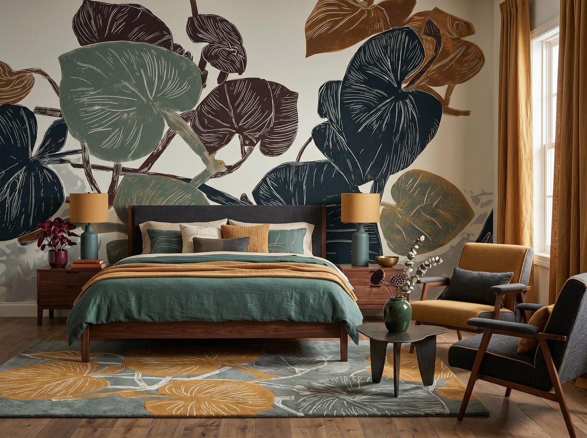 Oversized Rounded Botanical Leaves wallpaper in a styled room, view 2