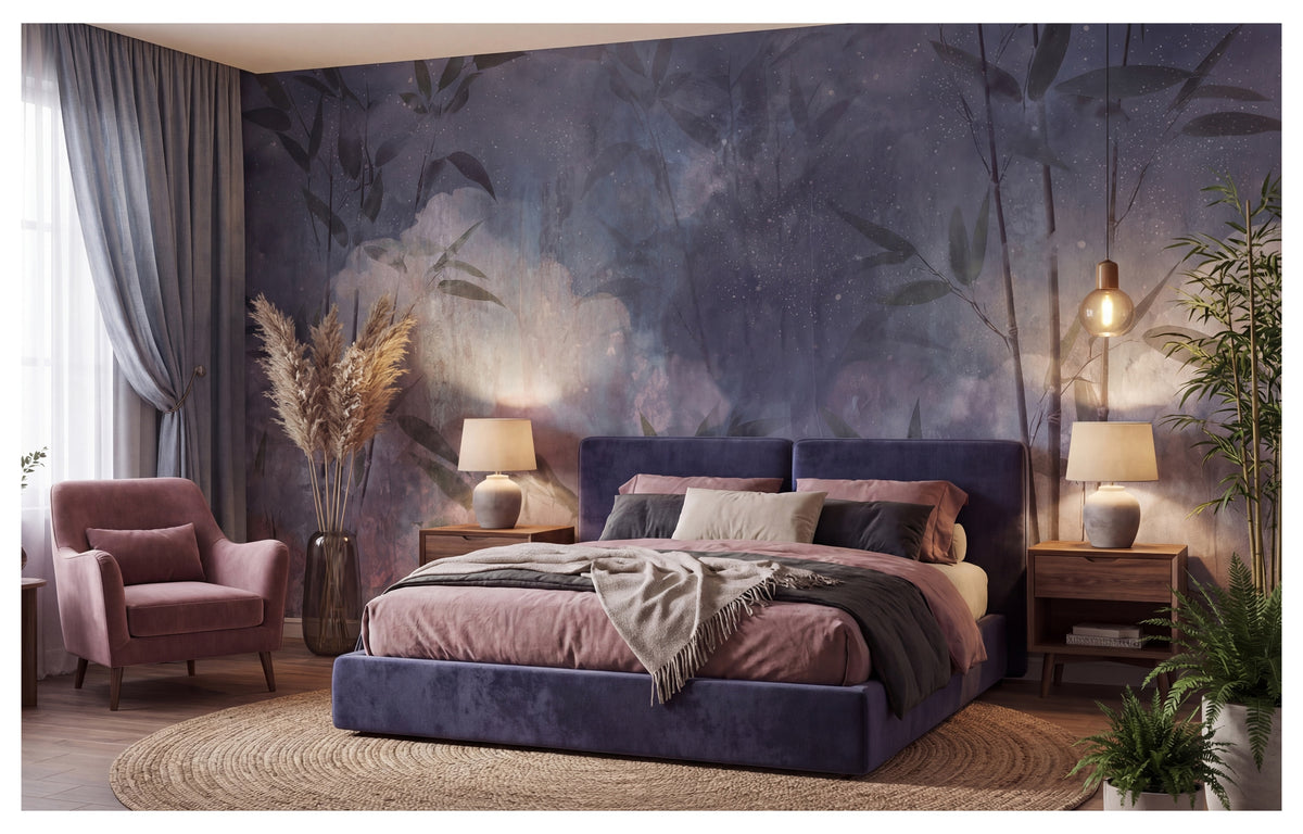 Distressed Blue & Gray Botanical Branches wallpaper in a styled room, view 1