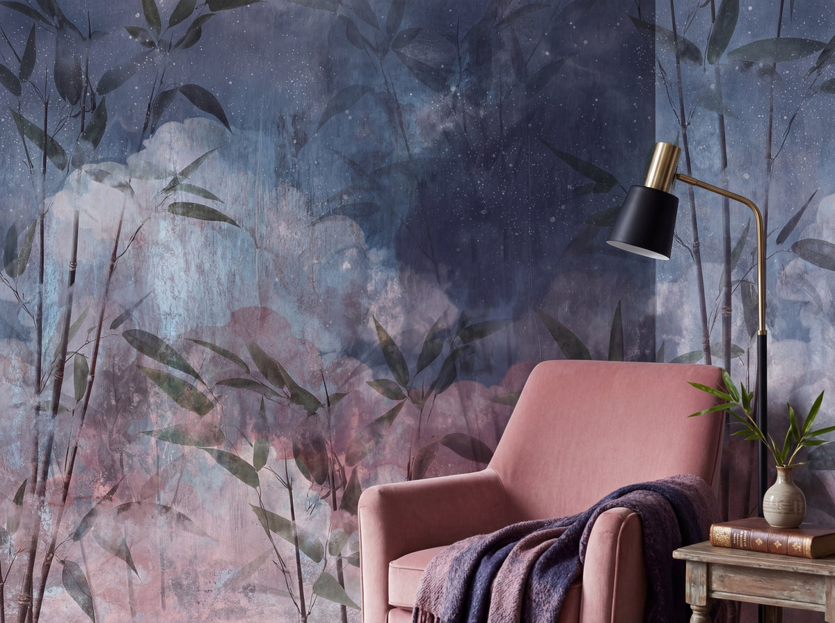 Distressed Blue & Gray Botanical Branches wallpaper in a styled room, view 3
