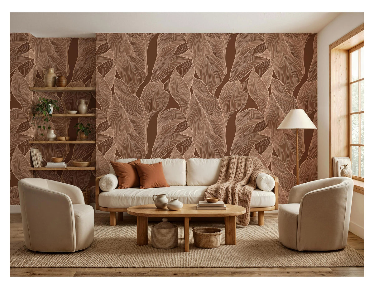 Fine Brown Leaf Linework wallpaper in a styled room, view 1