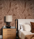 Fine Brown Leaf Linework wallpaper in a styled room, view 2