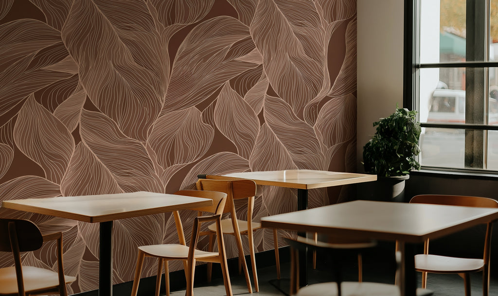 Fine Brown Leaf Linework wallpaper in a styled room, view 3