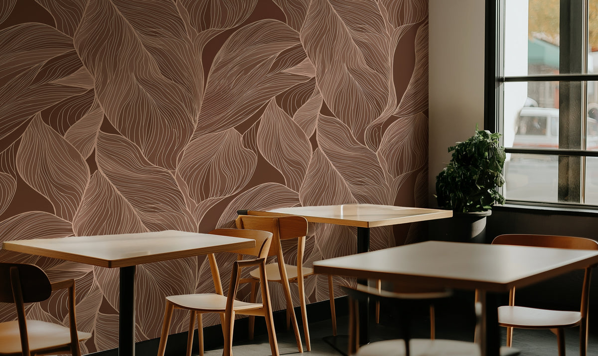 Fine Brown Leaf Linework wallpaper in a styled room, view 3