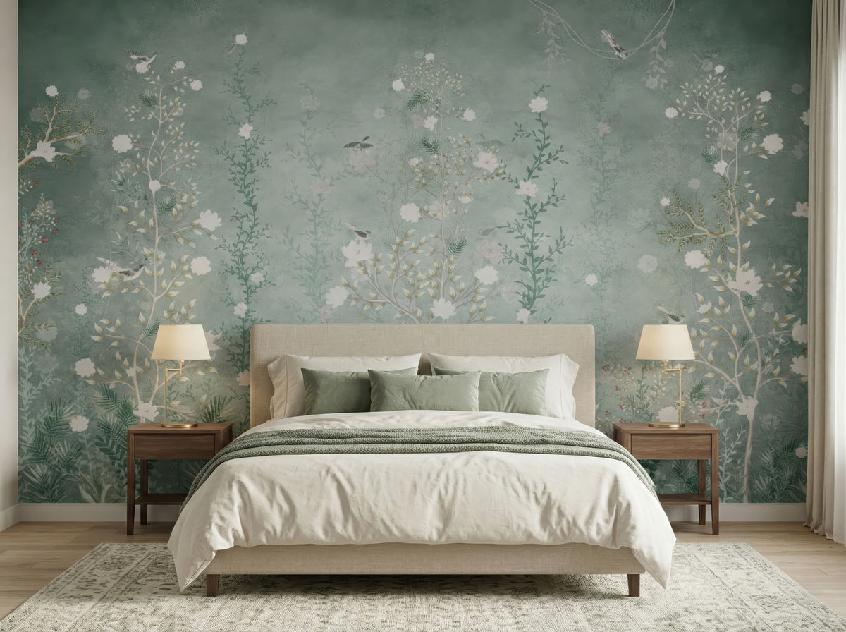 Sage Green Wildflowers wallpaper in a styled room, view 1