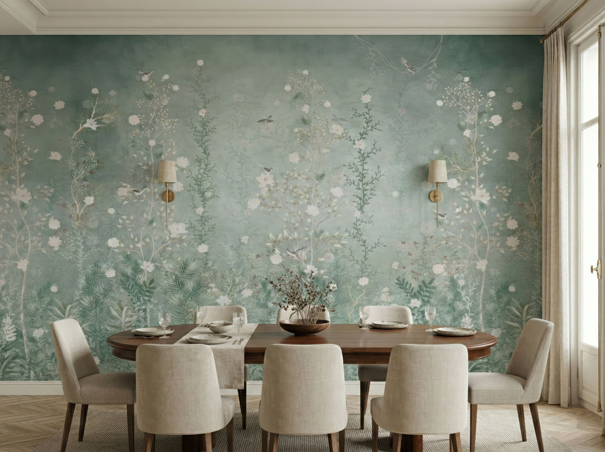 Sage Green Wildflowers wallpaper in a styled room, view 2