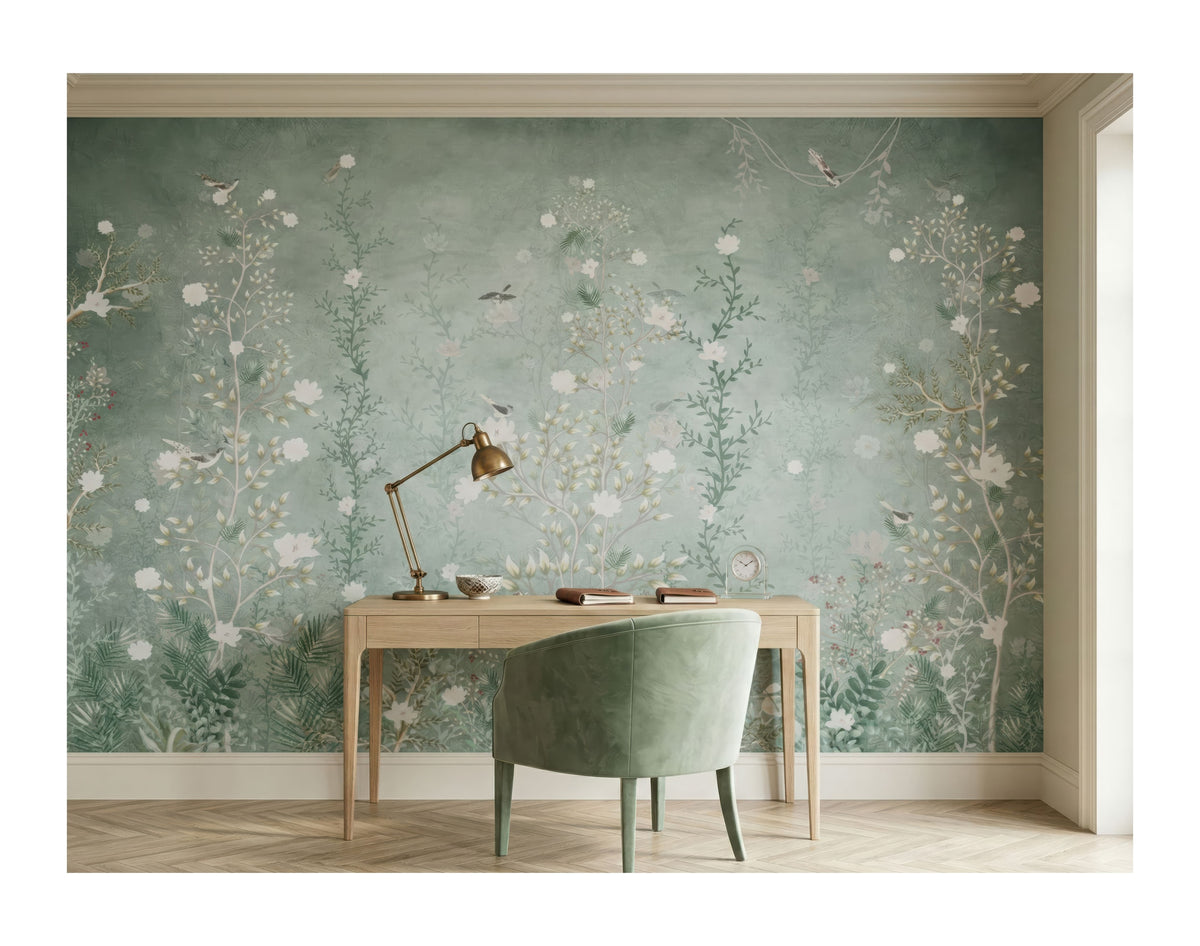Sage Green Wildflowers wallpaper in a styled room, view 3