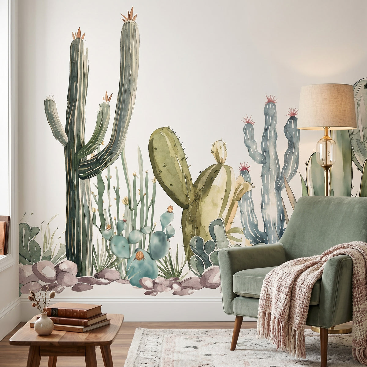 Watercolor Cactus & Succulent Garden wallpaper in a styled room, view 1