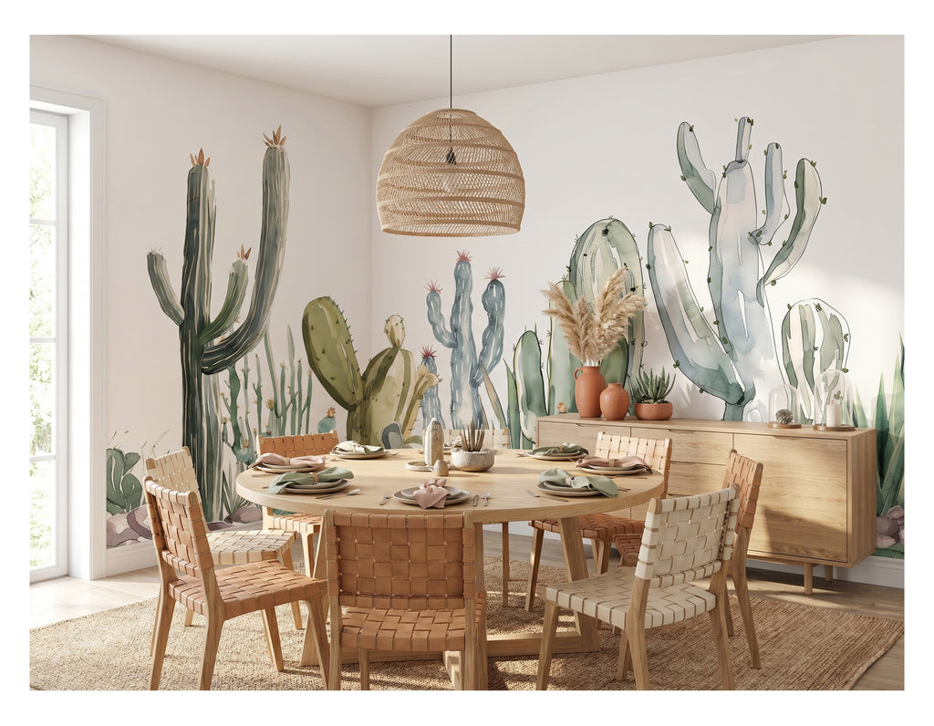 Watercolor Cactus & Succulent Garden wallpaper in a styled room, view 2