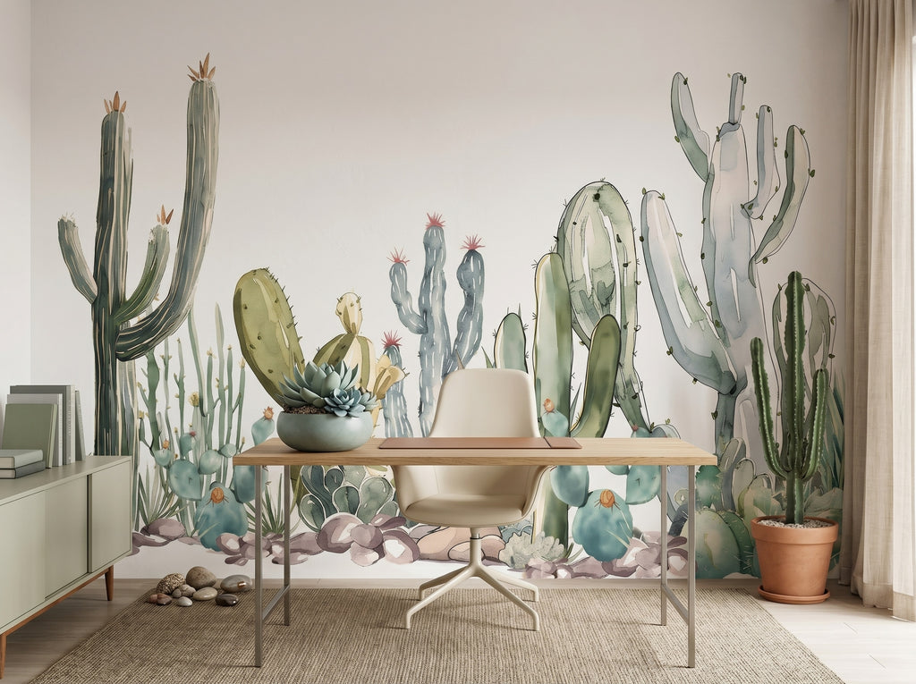 Watercolor Cactus & Succulent Garden wallpaper in a styled room, view 3
