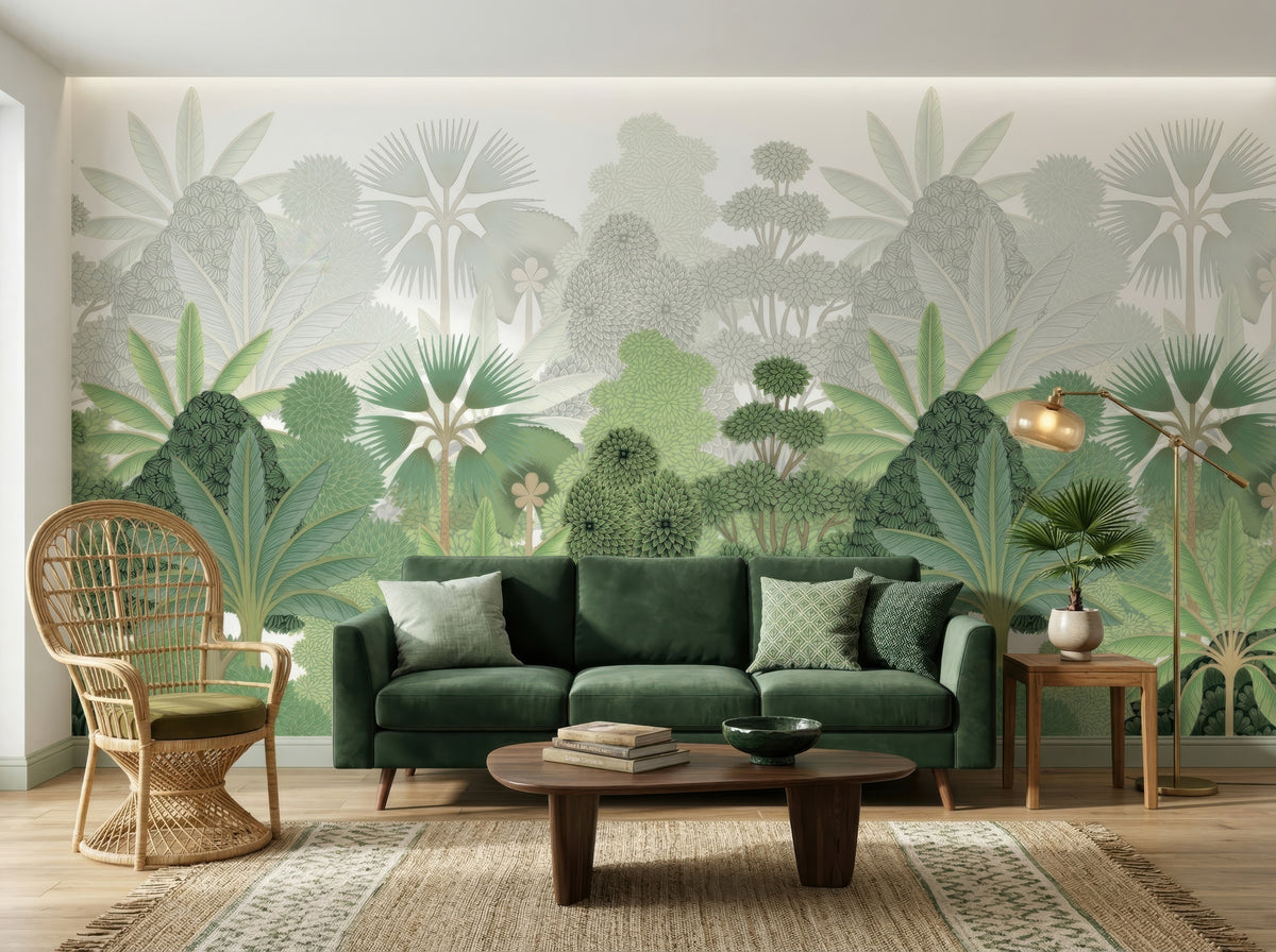 Green Tropical Leaves & Palms wallpaper in a styled room, view 1