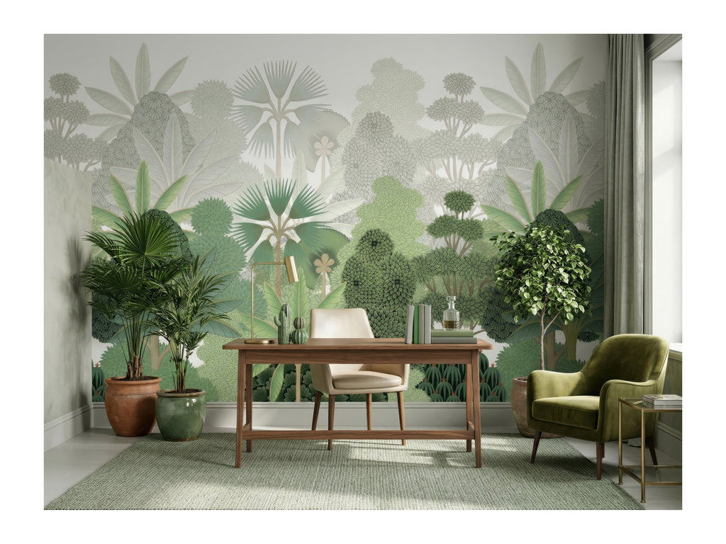 Green Tropical Leaves & Palms wallpaper in a styled room, view 2