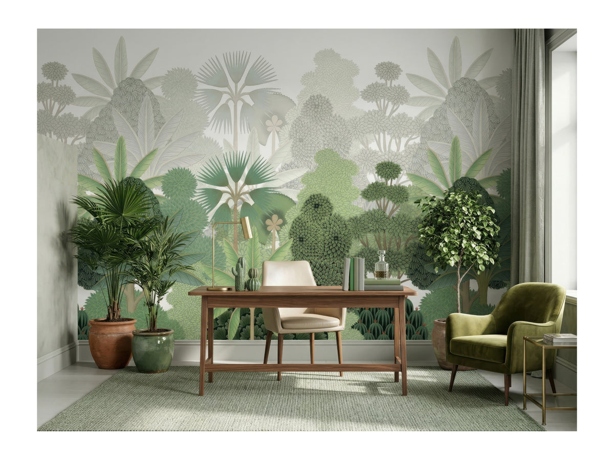 Green Tropical Leaves & Palms wallpaper in a styled room, view 2
