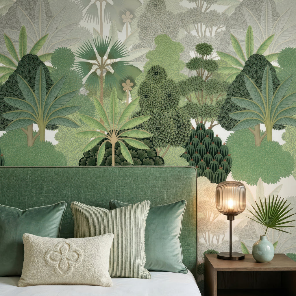 Green Tropical Leaves & Palms wallpaper in a styled room, view 3