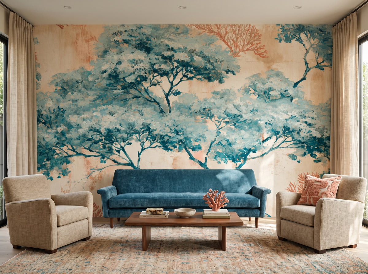 Turquoise Trees & Coral Branches wallpaper in a styled room, view 1