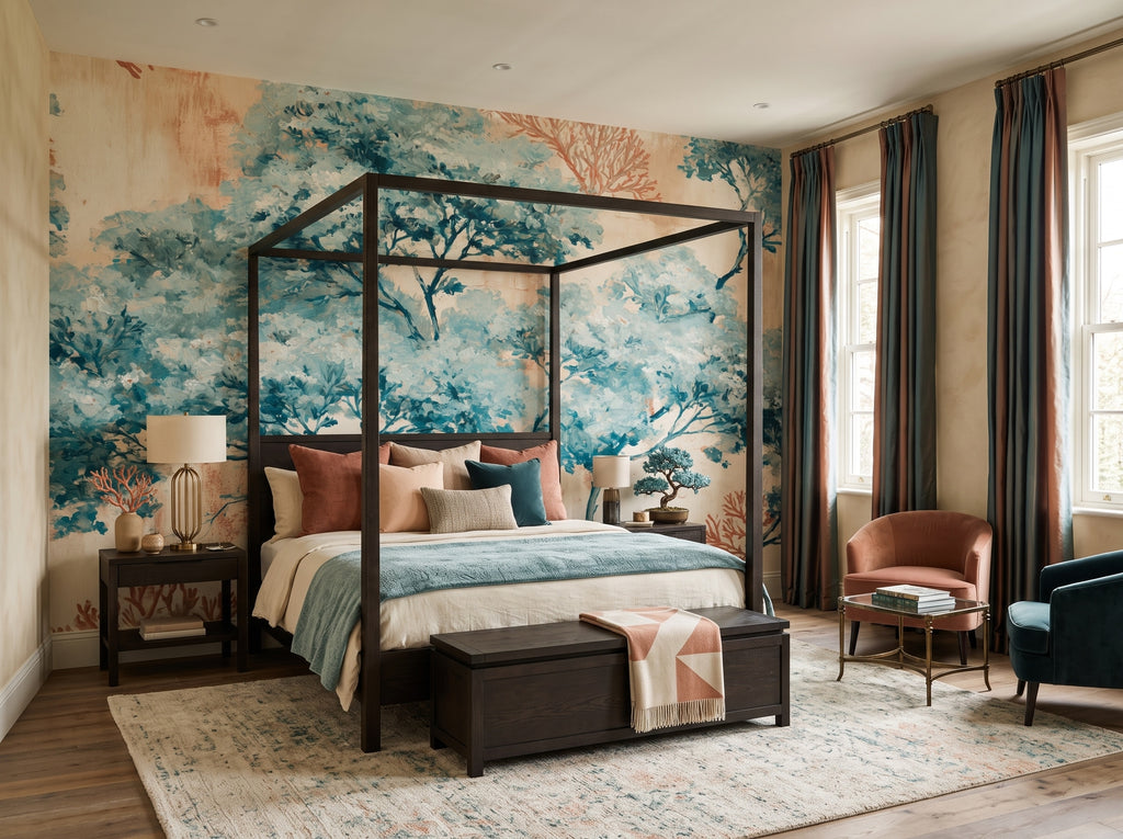 Turquoise Trees & Coral Branches wallpaper in a styled room, view 2