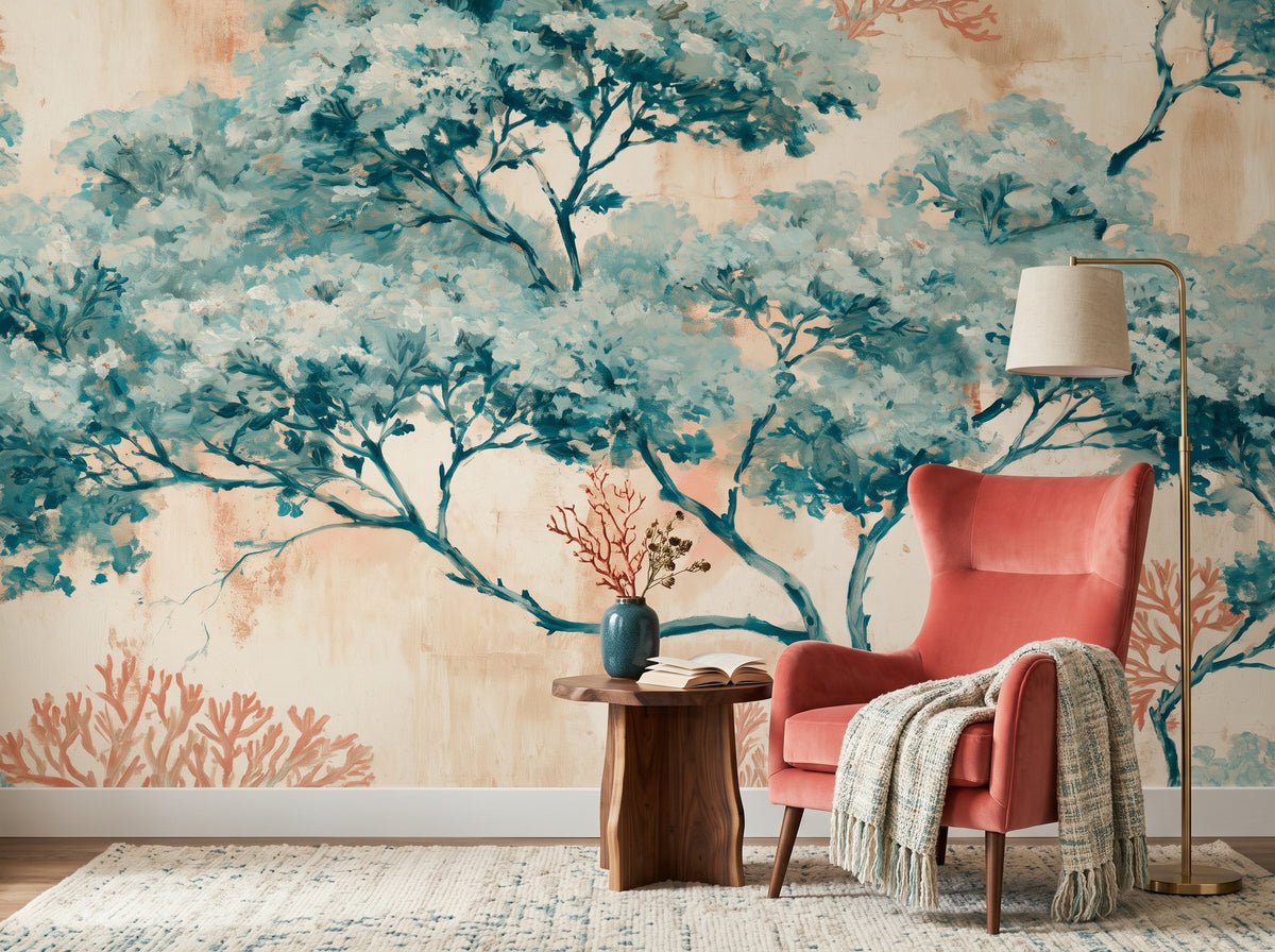 Turquoise Trees & Coral Branches wallpaper in a styled room, view 3