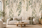Trailing Watercolor Leaves on Beige wallpaper in a styled room, view 1