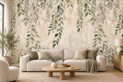 Trailing Watercolor Leaves on Beige wallpaper in a styled room, view 1