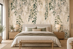 Trailing Watercolor Leaves on Beige wallpaper in a styled room, view 2