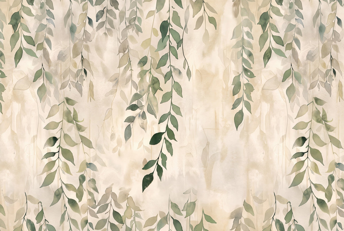 Trailing Watercolor Leaves on Beige wallpaper in a styled room, view 3