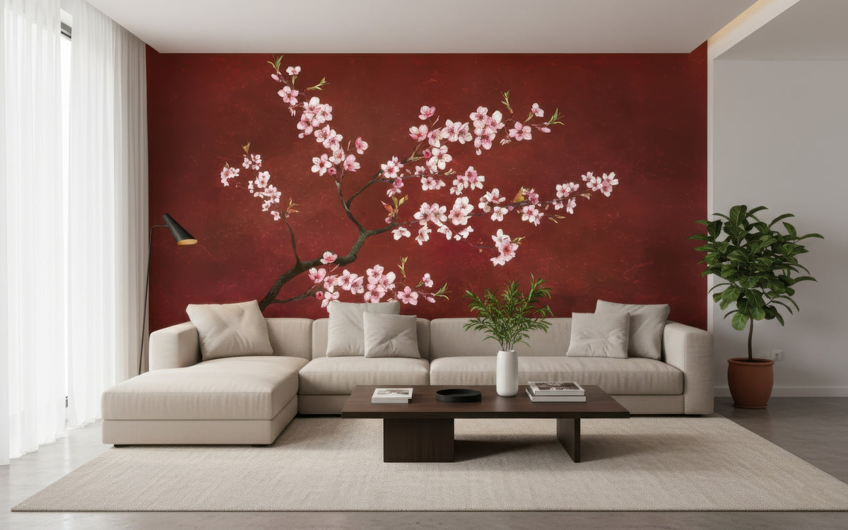 Pink Sakura on Burgundy wallpaper in a styled room, view 1