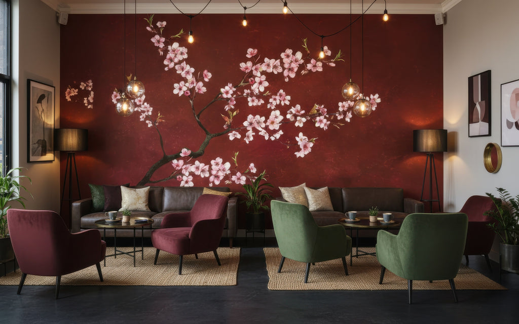 Pink Sakura on Burgundy wallpaper in a styled room, view 2
